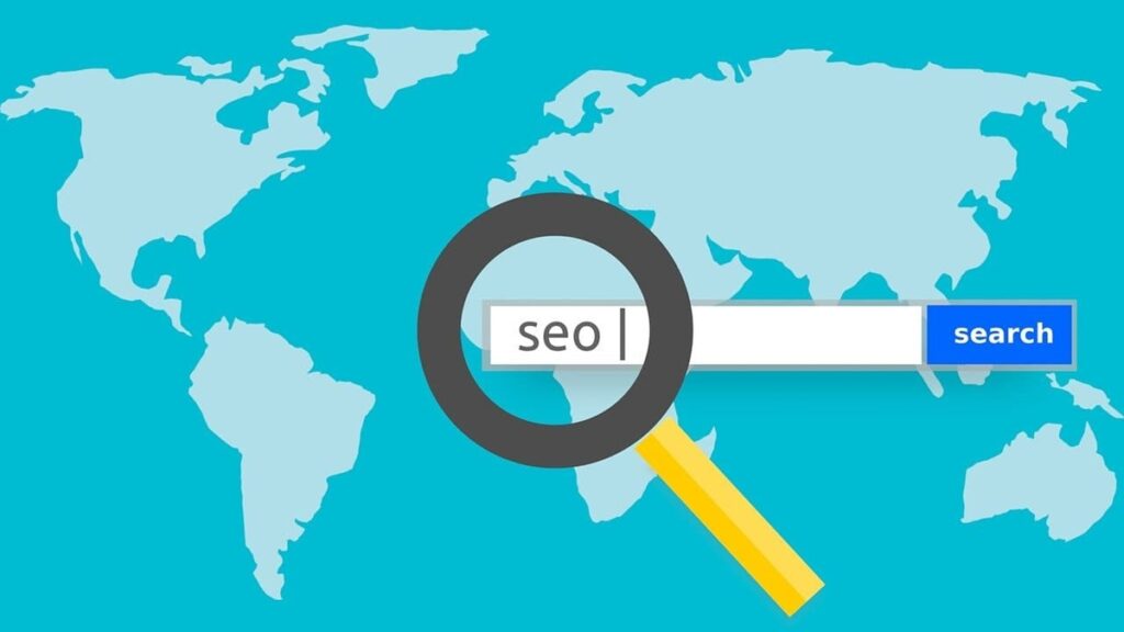 A zoomed in map of the world behind a search bar with the word “SEO”, representing local SEO in 2020.