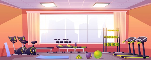 Sport and fitness equipment in gym Free Vector