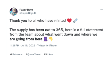 Photo of Paper Boyz NFT Supply Reduced To 365 NFTs For Now, Team Focused On Building NFT Magazine