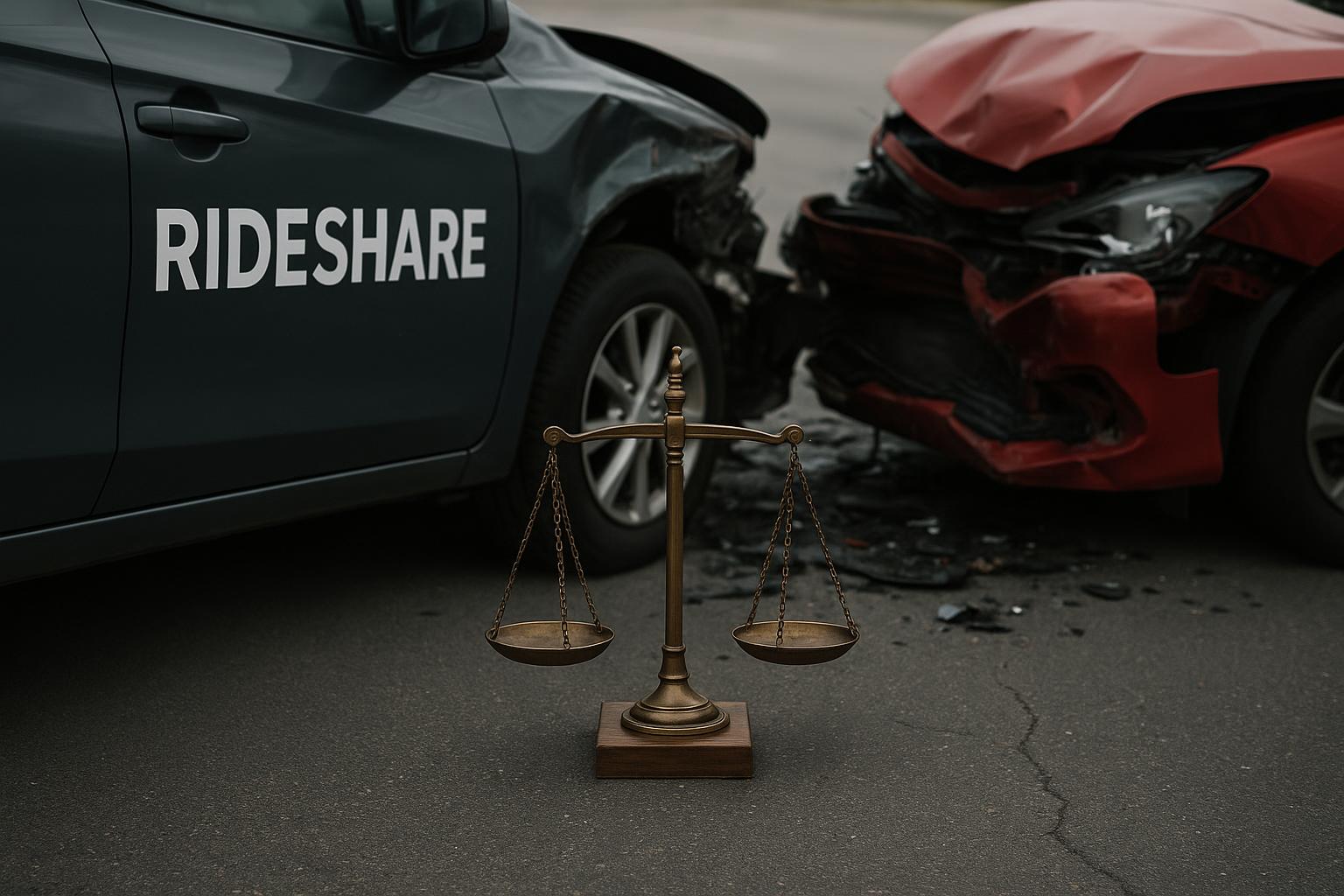 Rideshare car accident scene with law book and gavel symbolizing legal protection after a crash