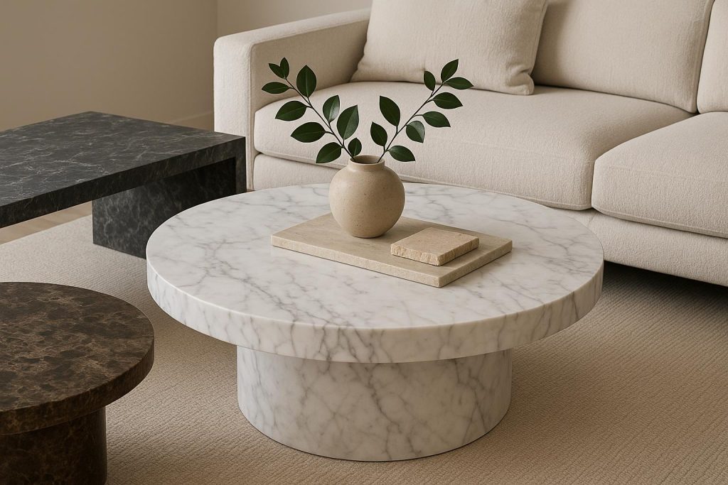 Elegant marble and stone coffee tables in a modern living room with stylish decor accents