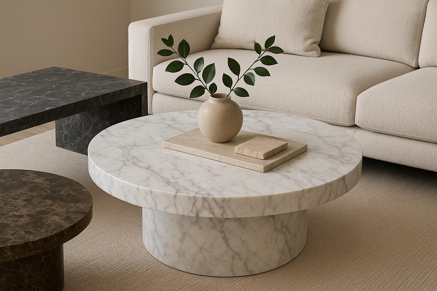 Elegant marble and stone coffee tables in a modern living room with stylish decor accents