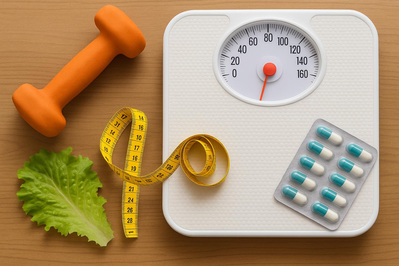 Orlistat capsules with measuring tape and fresh vegetables promoting healthy weight management