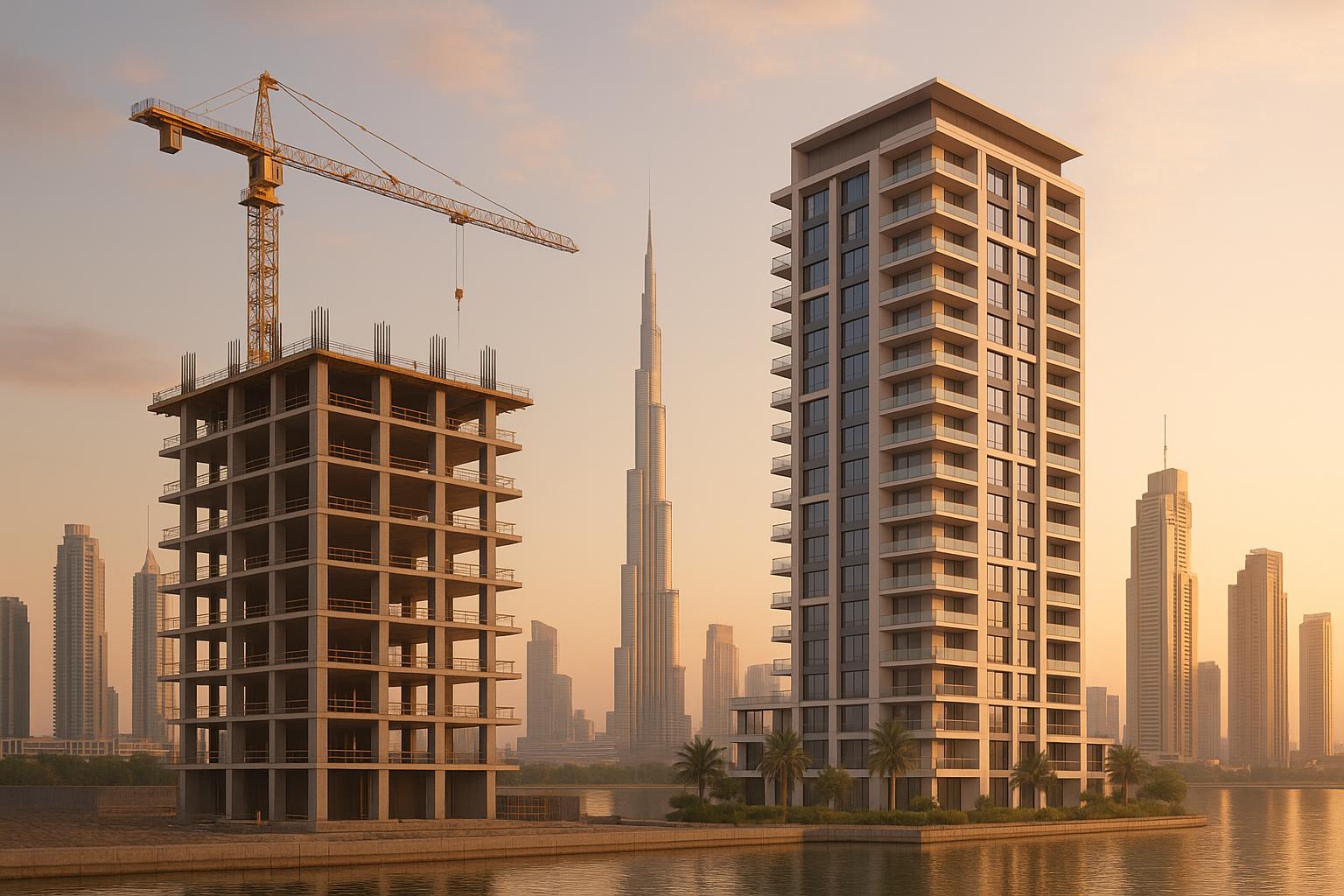 Modern Dubai skyline with luxury construction sites illustrating off-plan real estate investment