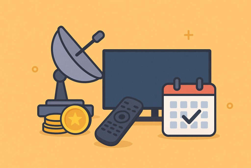 Satellite dish with TV remote and stacked coins illustrating long-term DTH subscription benefits