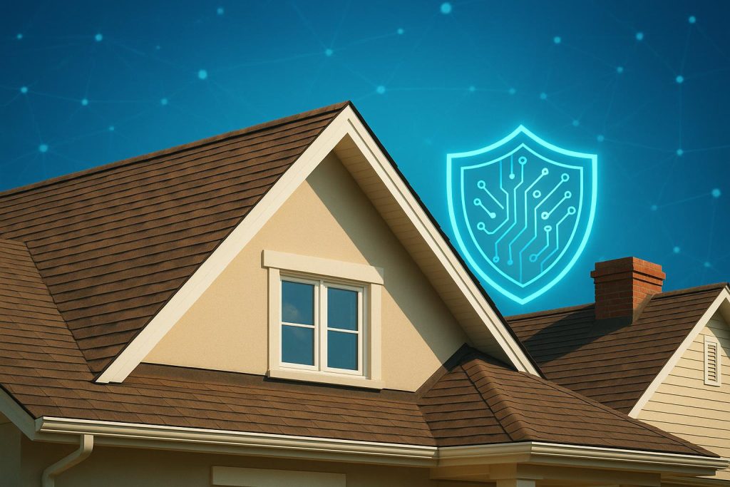 Residential roof with secure digital shield symbolizing trusted roofing contractors' protection
