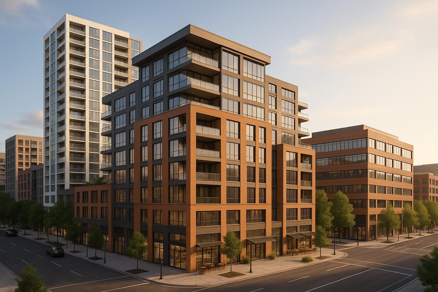 Modern mixed-use development with retail, office spaces, and residential buildings in urban setting