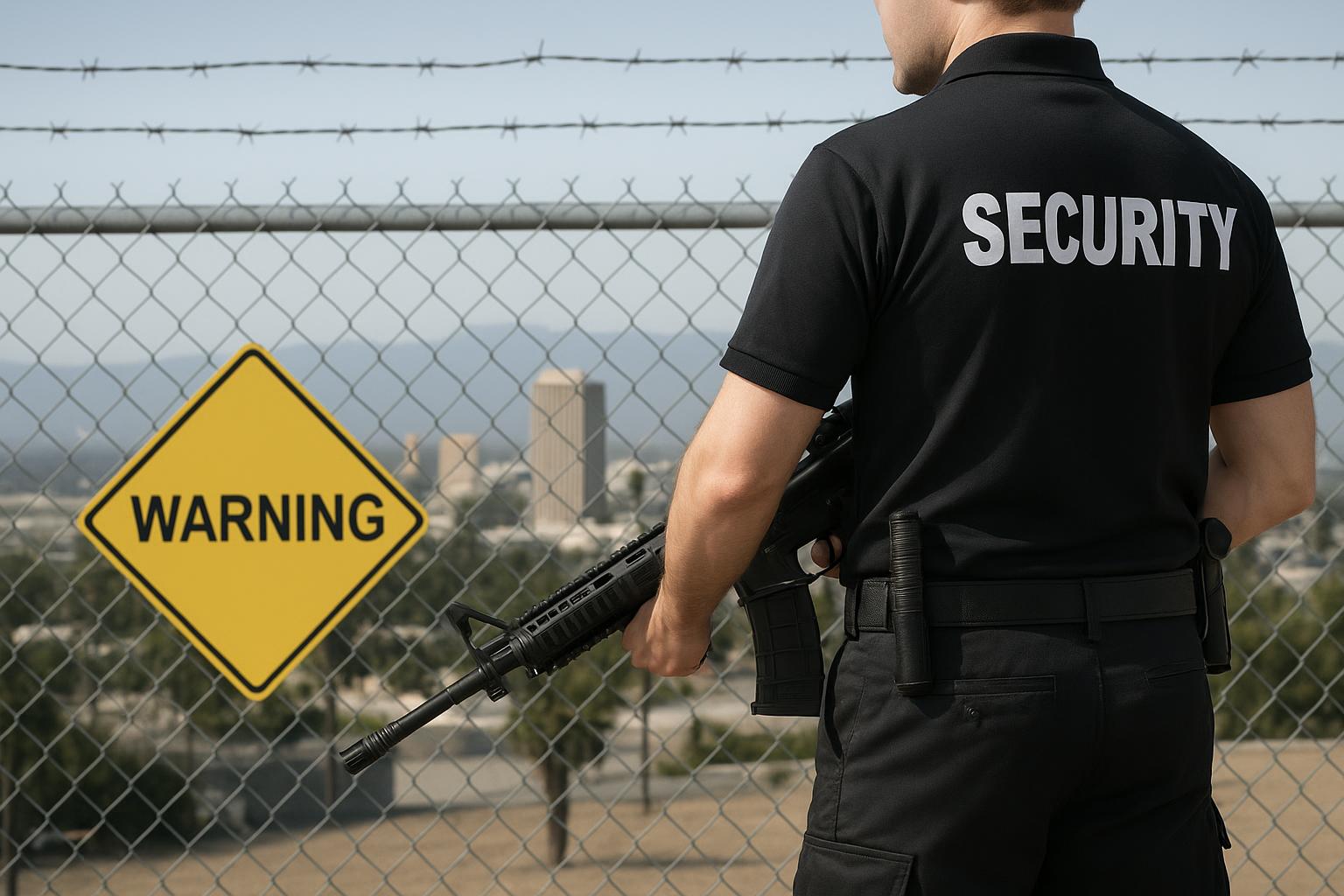 Armed security guard monitoring entrance at high-risk facility in Riverside for enhanced safety
