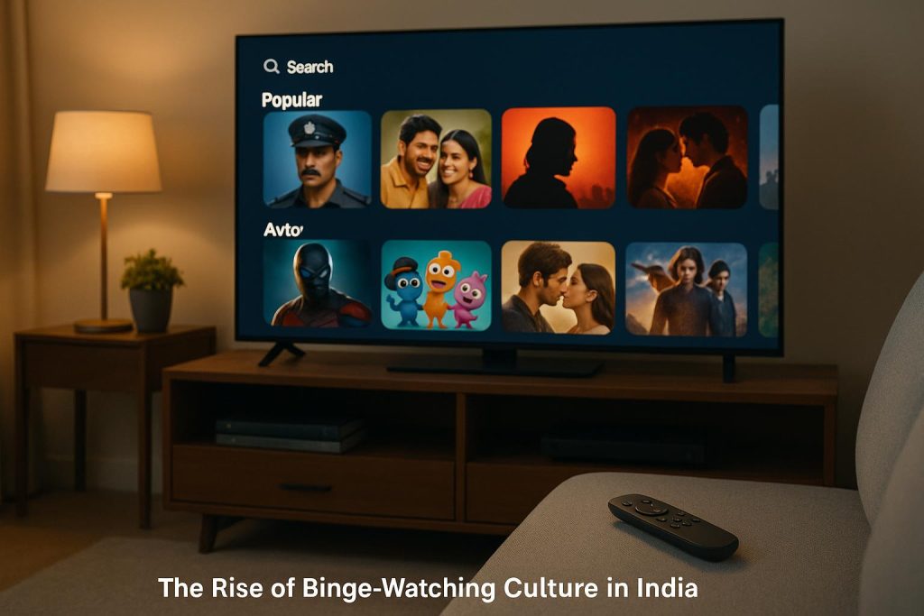 Streaming platforms on TV screen illustrating the increasing binge-watching trend in India