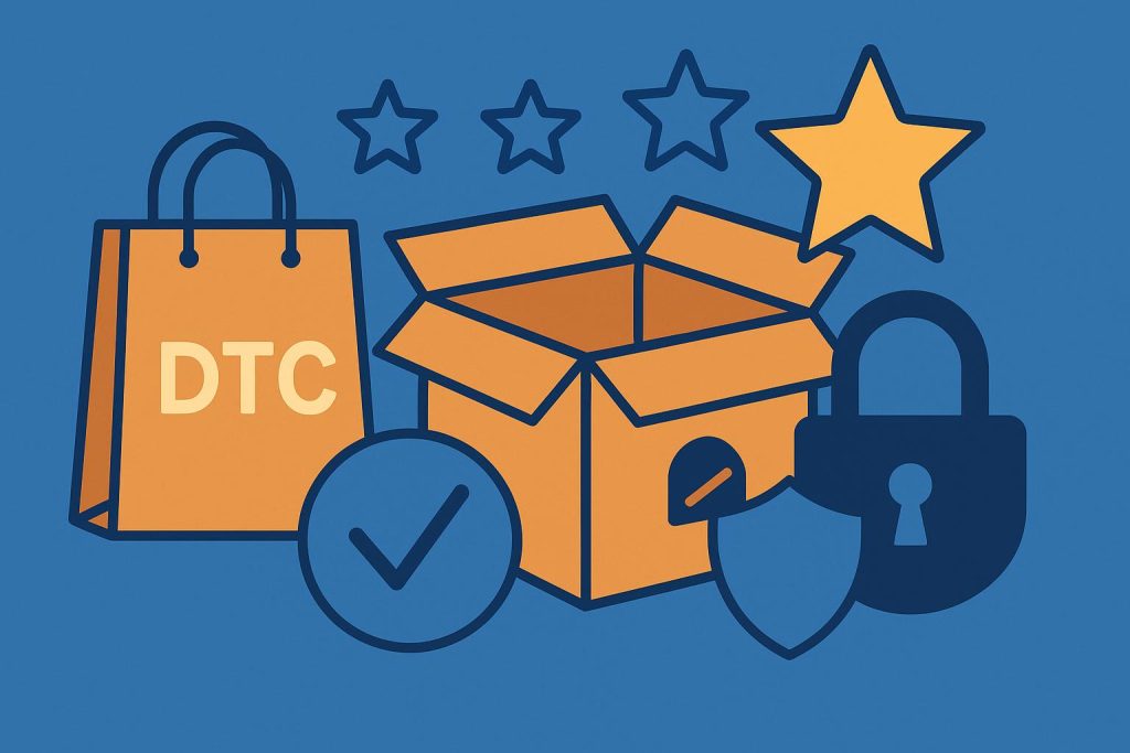 Direct to consumer brand trust strategies in competitive markets illustrated with business icons