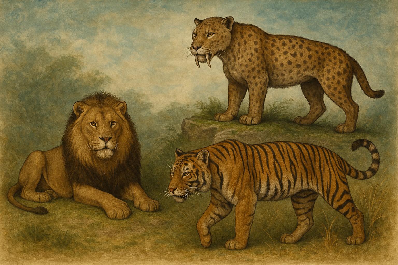 Illustration of extinct big cats including saber-toothed tiger and Caspian tiger in natural habitat