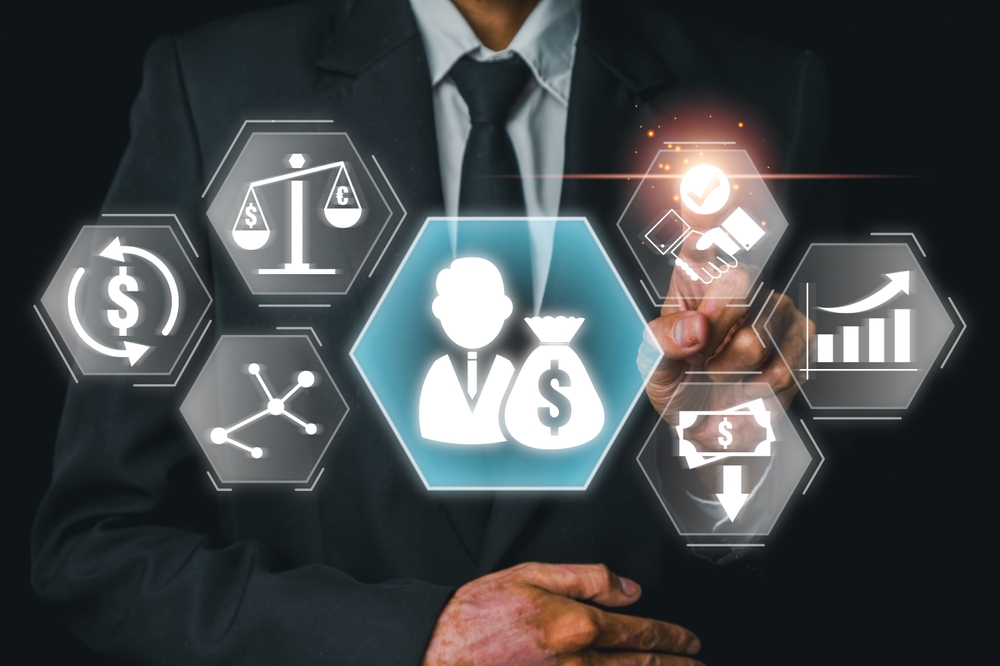 Businessman,In,A,Suit,Interacting,With,Private,Equity,Icons,,Symbolizing