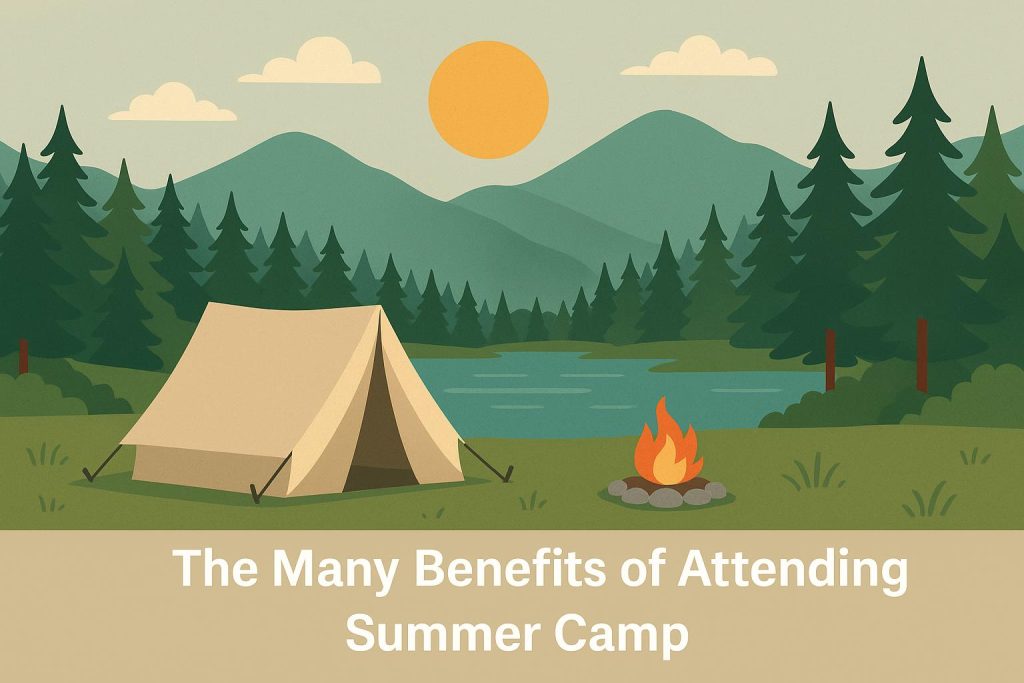 Cabins and pine trees at Camp Quinebarge highlighting summer camp activities and outdoor fun