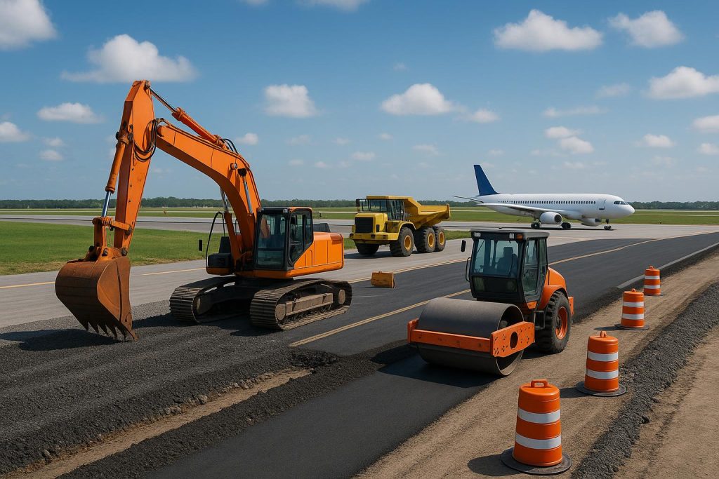 Construction equipment onsite near airport runway, showcasing Barletta Engineering project management