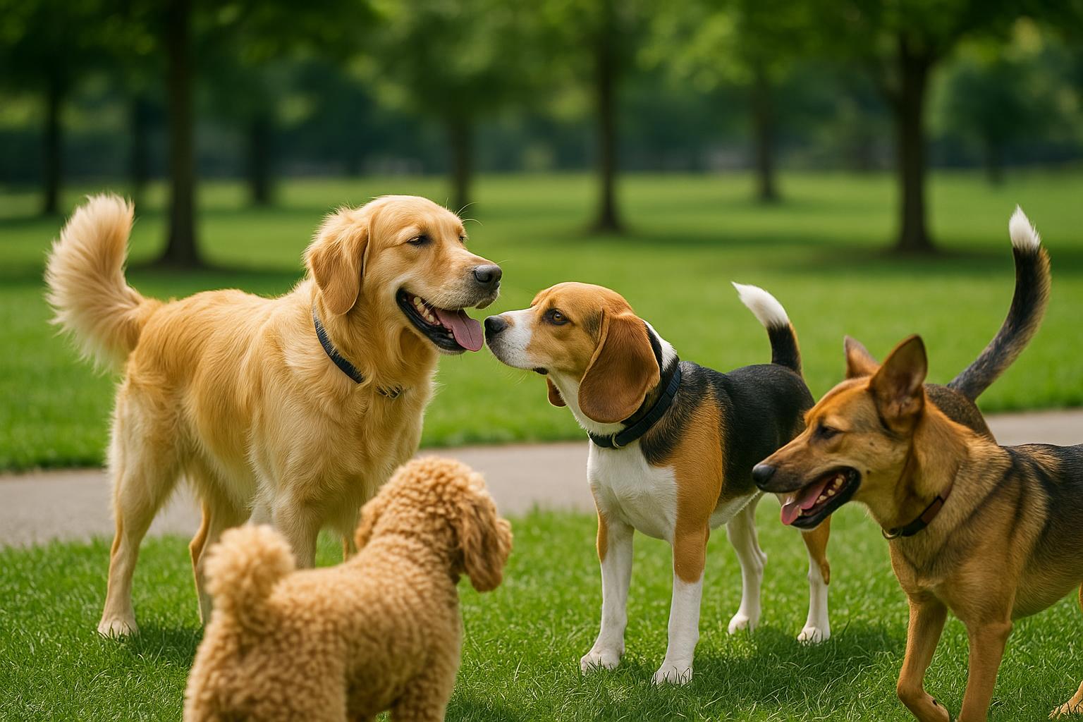 Happy dog interacting with other dogs outdoors, illustrating socialization tips for pet owners
