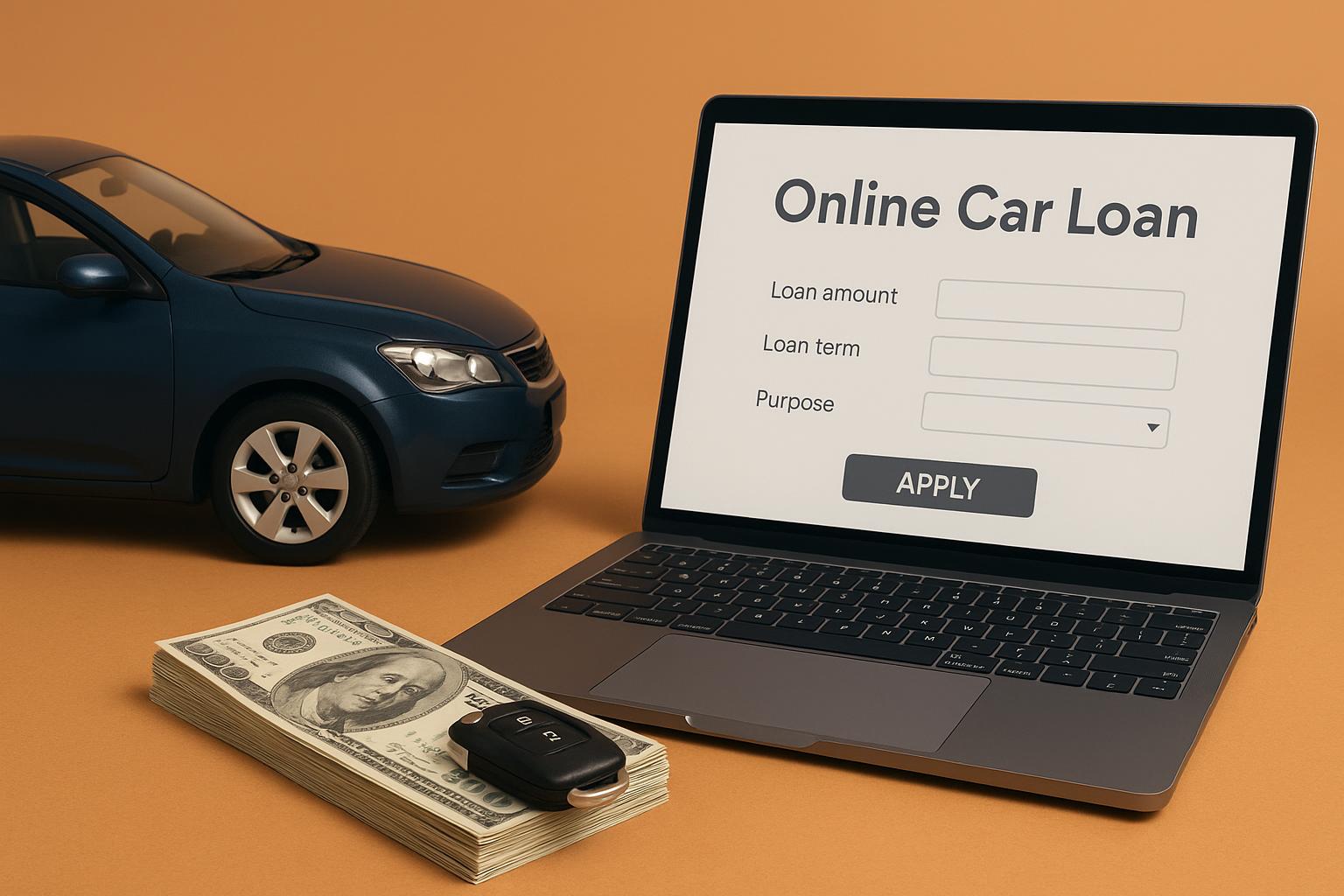 Online car title loan application concept with car, laptop, and financial documents on desk