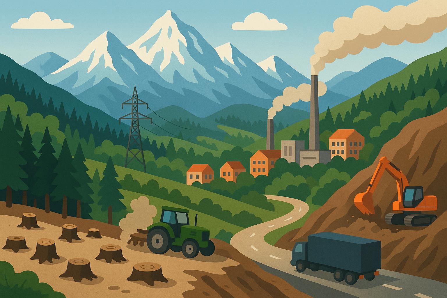 Mountain landscape showing environmental impact of human activity on alpine ecosystems