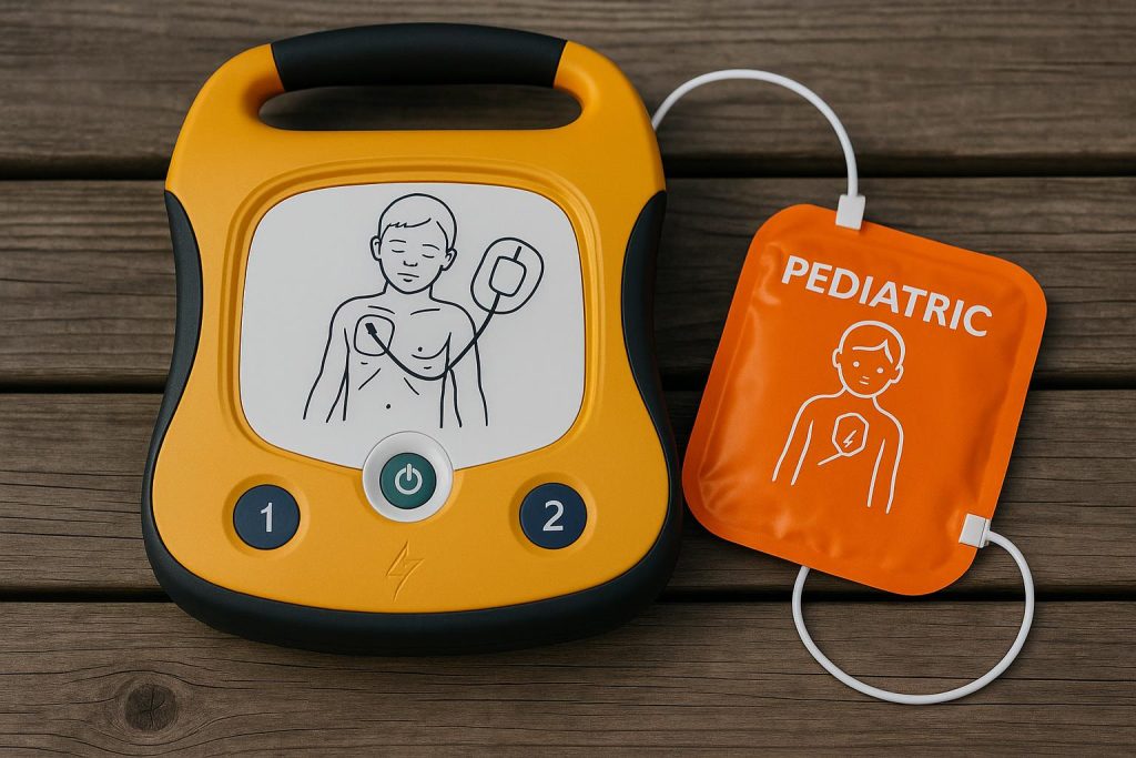 Automated external defibrillator with pediatric pads highlighted for child emergency readiness