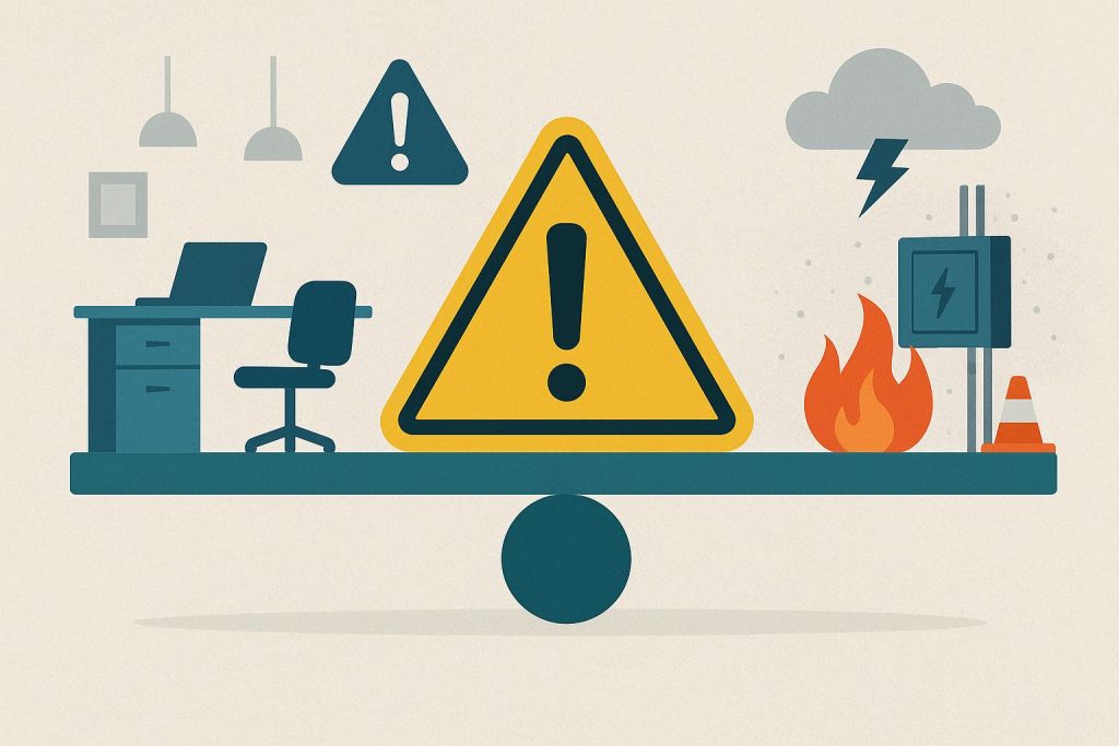 Workplace risk management strategies in action with safety equipment and emergency planning