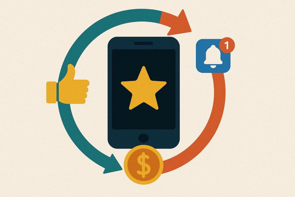 Abstract illustration of digital reward loops influencing online behavior patterns and engagement
