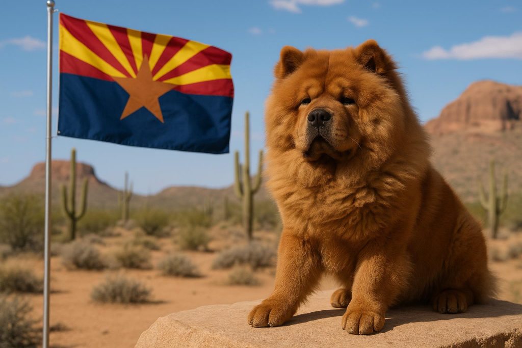 Chow Chow sitting outdoors in Arizona with leash, illustrating dog laws for the breed