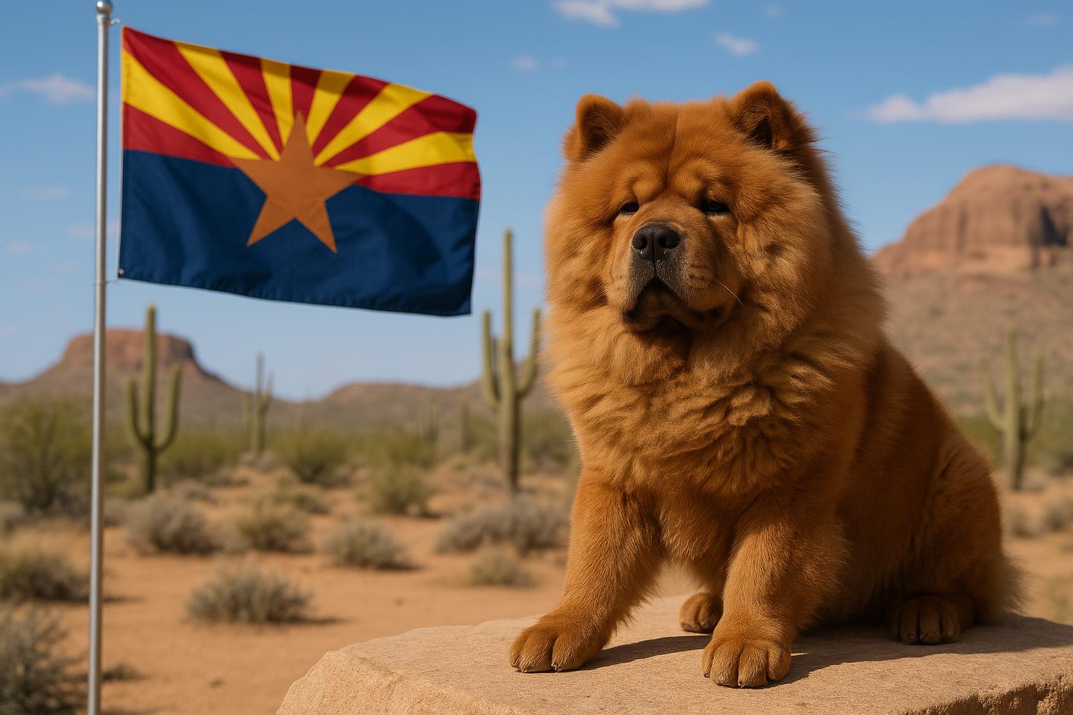 Chow Chow sitting outdoors in Arizona with leash, illustrating dog laws for the breed