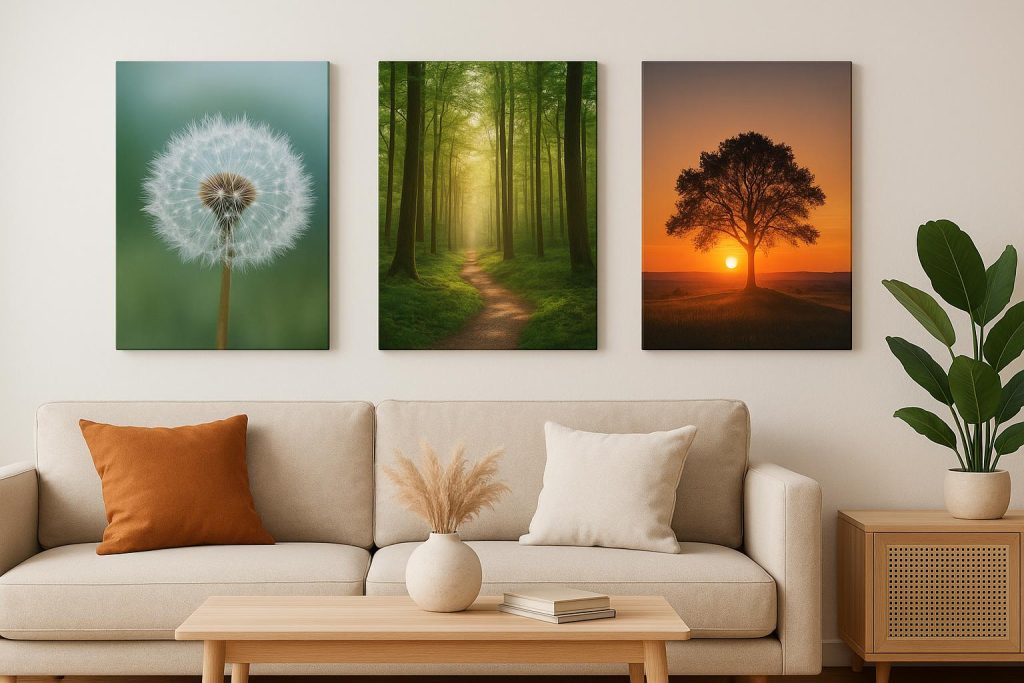 Colorful canvas prints displayed on a modern living room wall, enhancing interior decor style