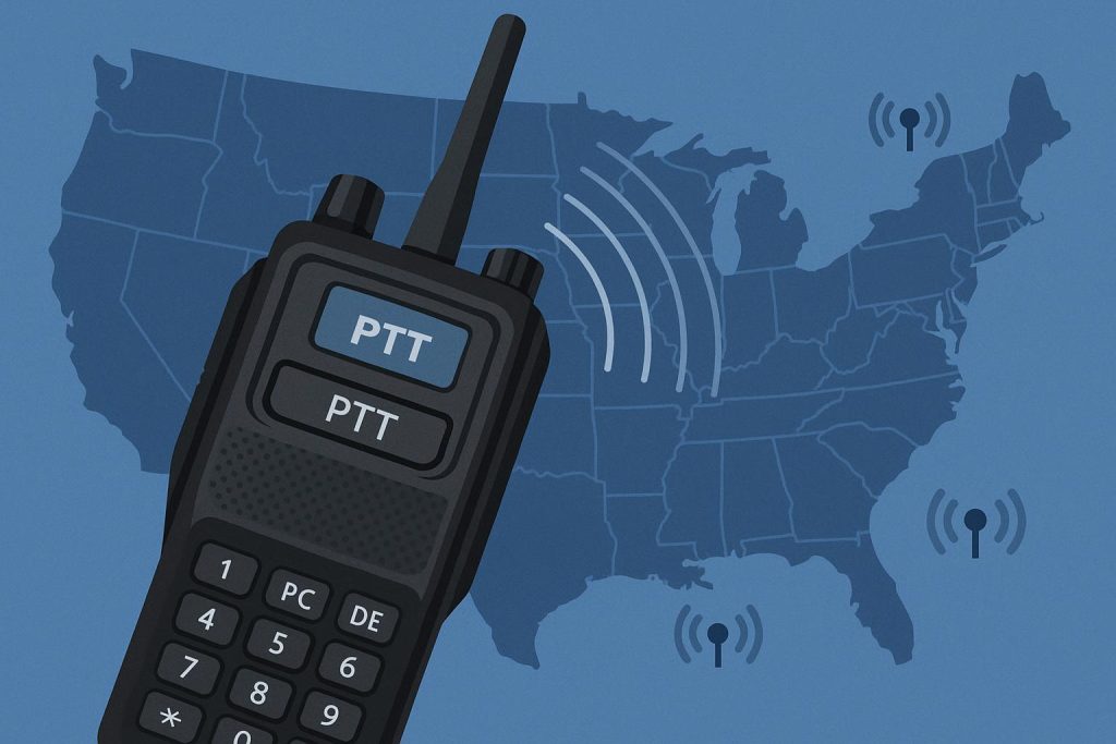 Modern push-to-talk walkie talkies with network coverage map illustrating nationwide connectivity