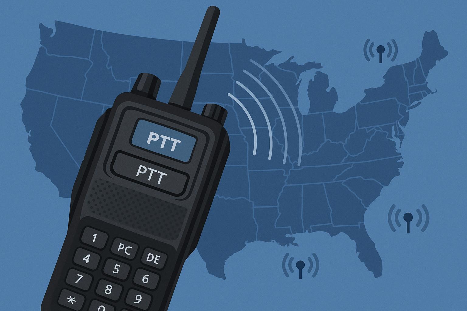 Modern push-to-talk walkie talkies with network coverage map illustrating nationwide connectivity