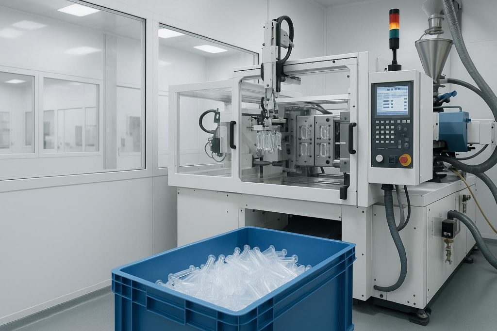 Injection molding equipment operating in a clean room at a local medical manufacturing facility
