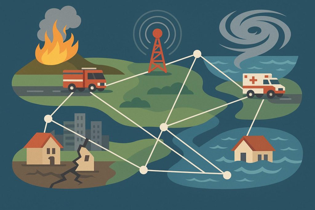 Emergency operations center monitoring disaster response networks and communication systems