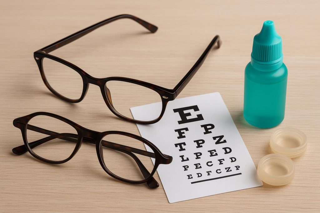 Various presbyopia treatments including glasses, contact lenses, and medicated eye drops