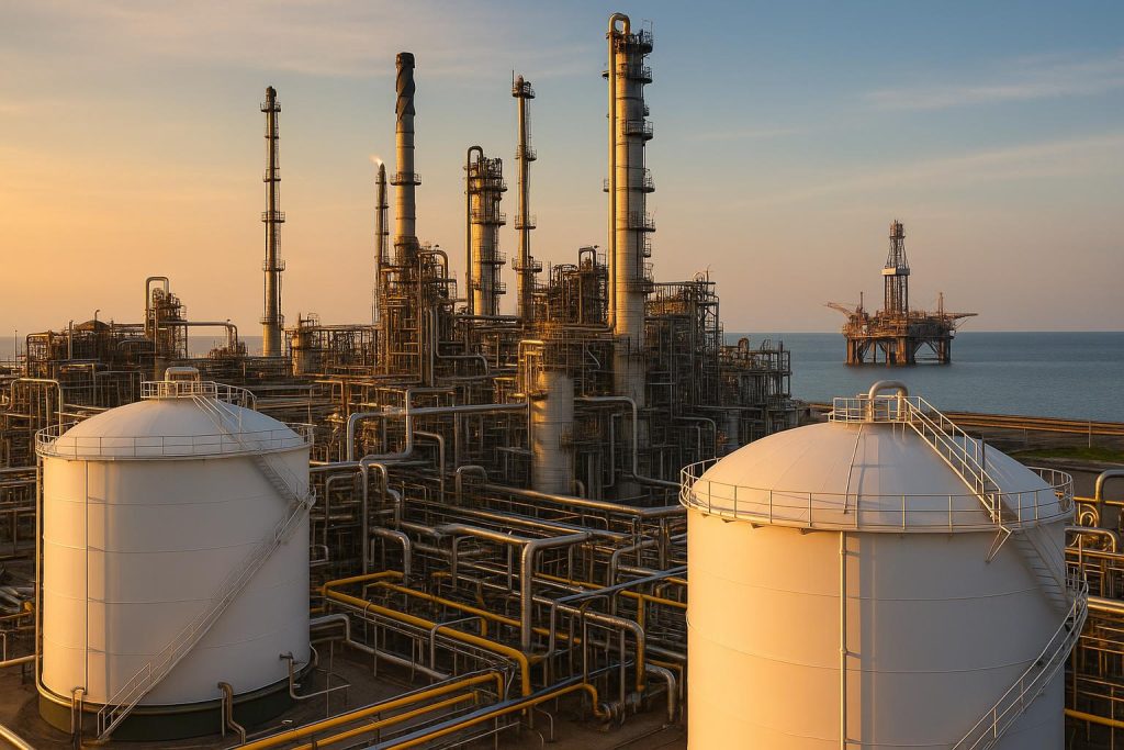 Petrochemical processing plant highlighting Alpha Seven Energy’s impact on global oil demand
