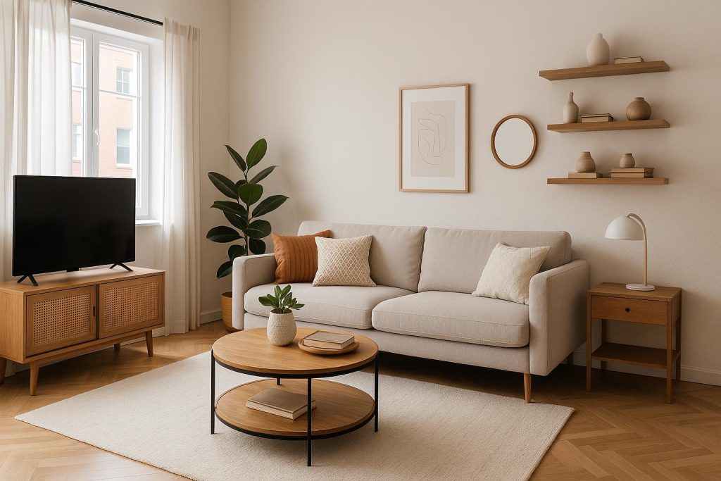 Modern apartment living room with chic decor, multifunctional furniture, and organized layout