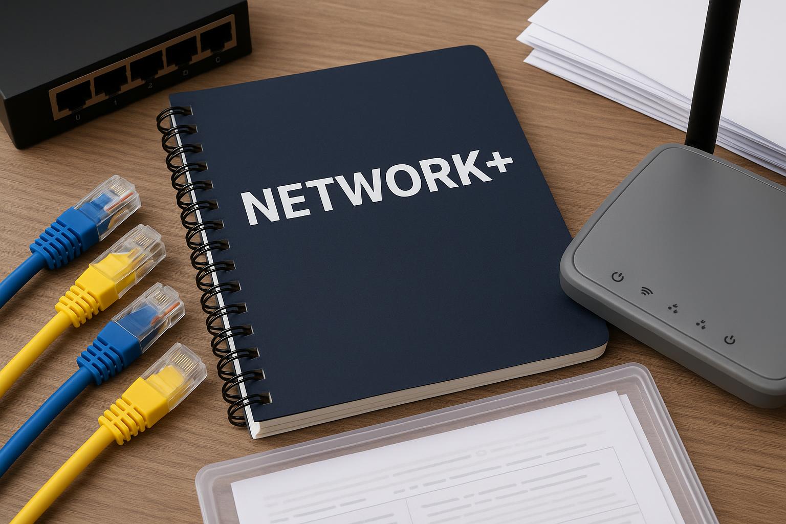 CompTIA Network+ certification exam study materials and networking equipment setup