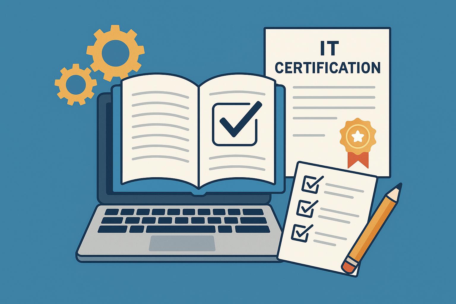 Laptop with study materials and IT certification prep books for passing exams on first attempt