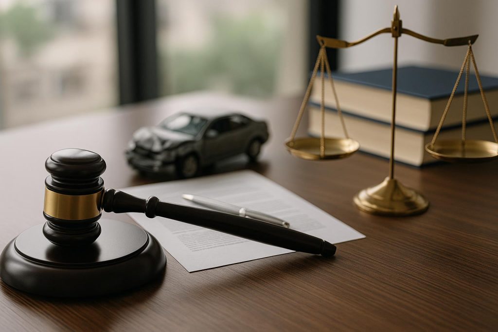 Damaged car on city street with legal documents and pen symbolizing post-accident legal process