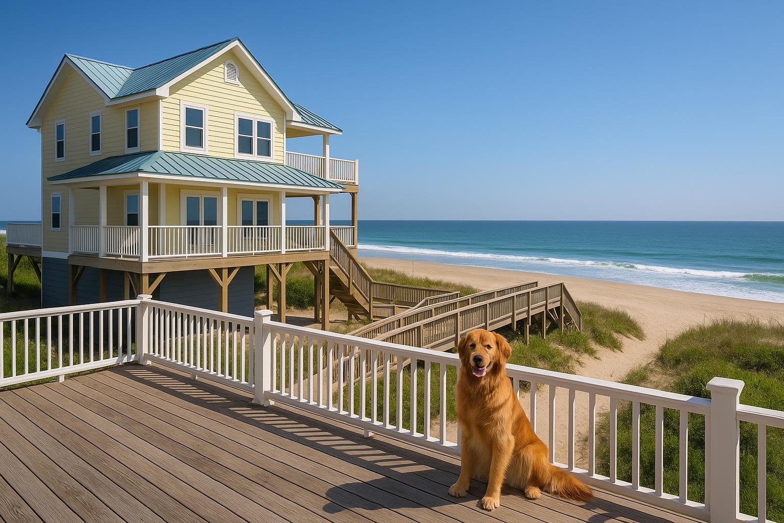 Dog lounging on coastal porch of a beach rental in North Carolina with ocean view in background