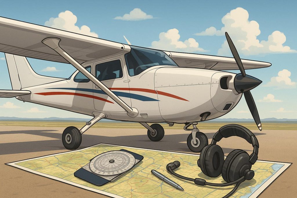 Small aircraft flying over landscape, illustrating cross country flight planning essentials