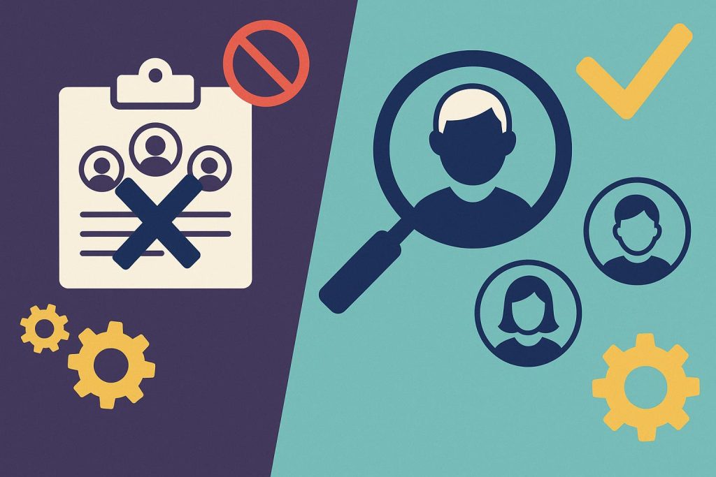 Modern recruitment strategy concepts contrasting old vs new methods for hiring senior engineers