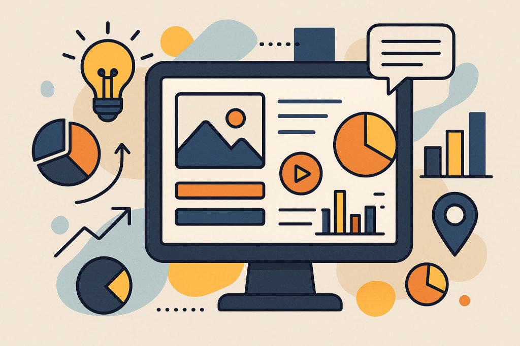 Colorful digital interface icons illustrating visual communication in modern web design.