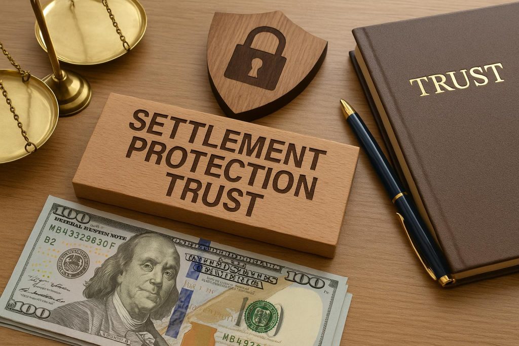 Settlement protection trust concept with secure lock and legal documents representing financial safety