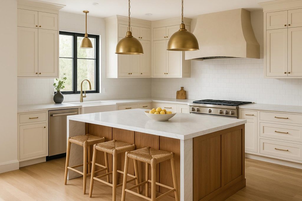 Sleek white kitchen with marble countertops, minimalist cabinets, and modern pendant lighting
