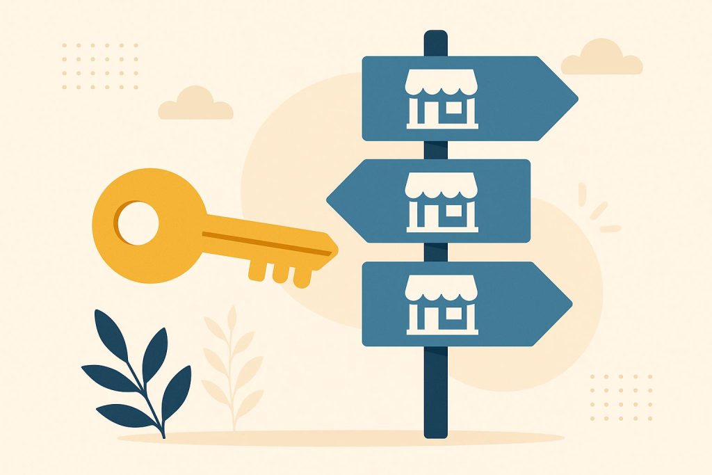 Business owner evaluating franchise options with brochures and charts for decision-making.