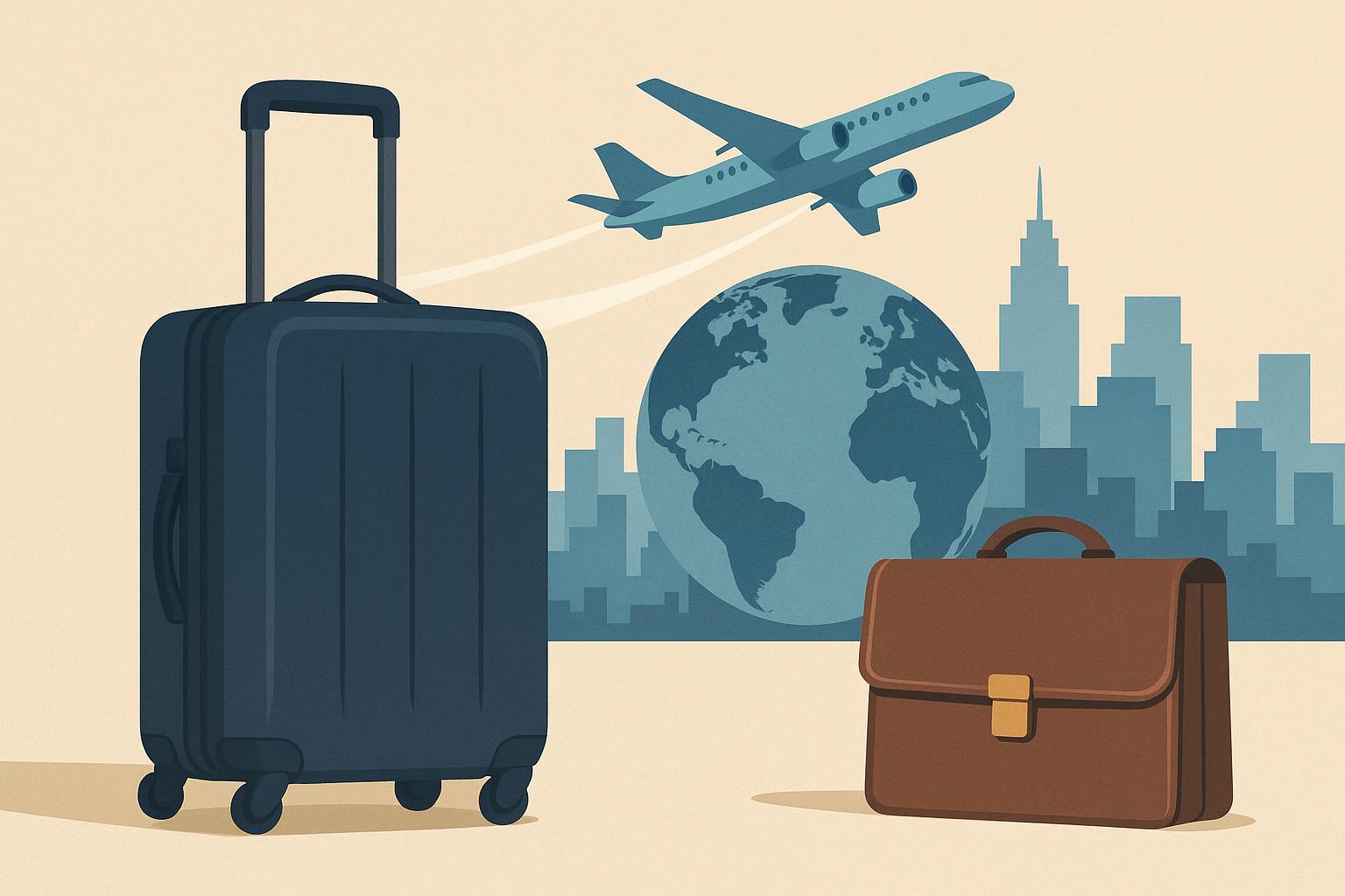 Business traveler with suitcase passing through airport terminal, ready for an overseas trip