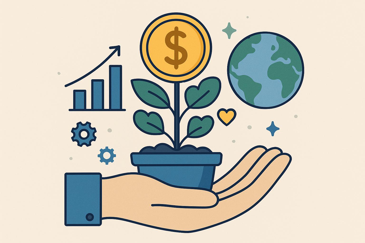 Businesswoman presenting sustainable business growth strategy with social impact icons