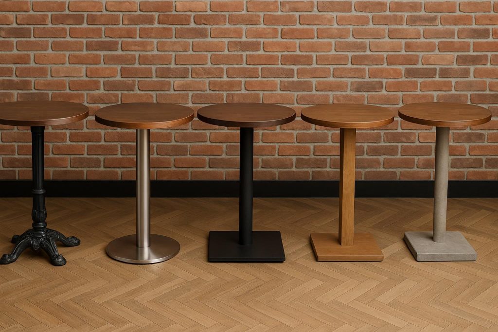 Various restaurant table bases in metal, wood, and plastic displayed for durability comparison