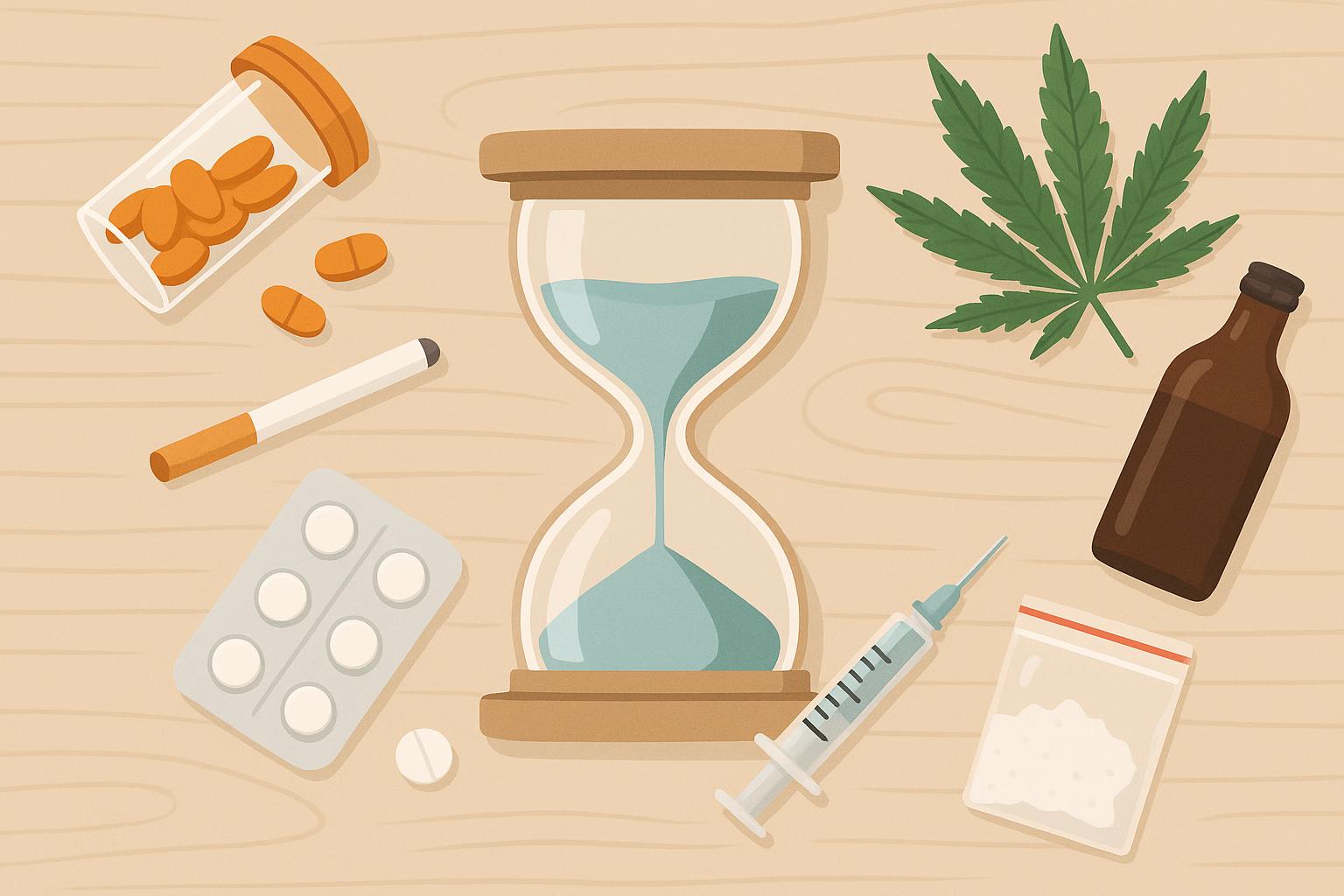 Detox timeline infographic illustrating withdrawal periods for various substances and drugs