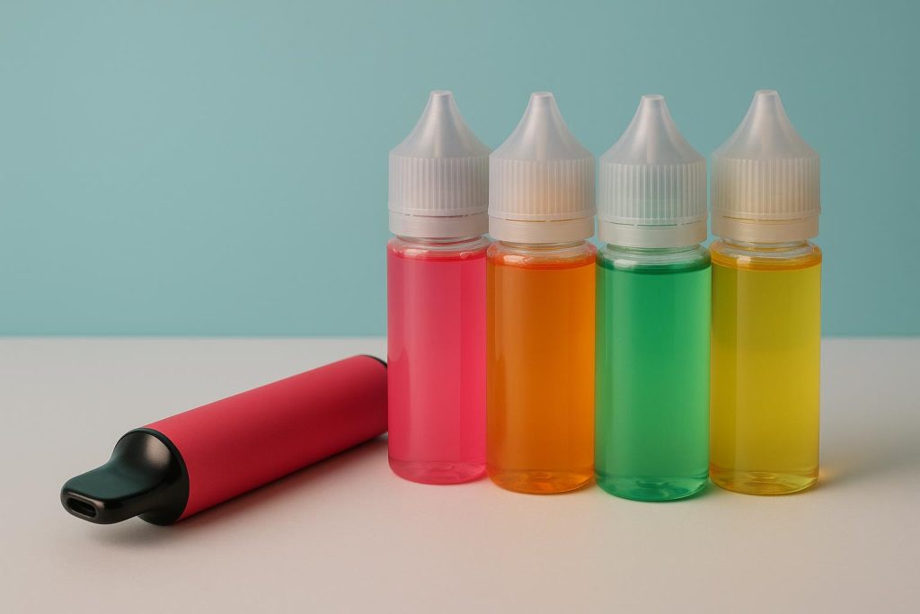 Assorted bottled e-liquid flavors inspired by popular disposable vape taste profiles displayed together