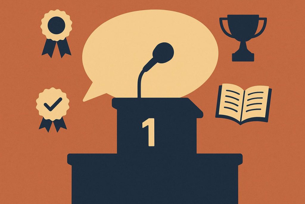 Speech competition trophies and microphones showcasing student participation achievements